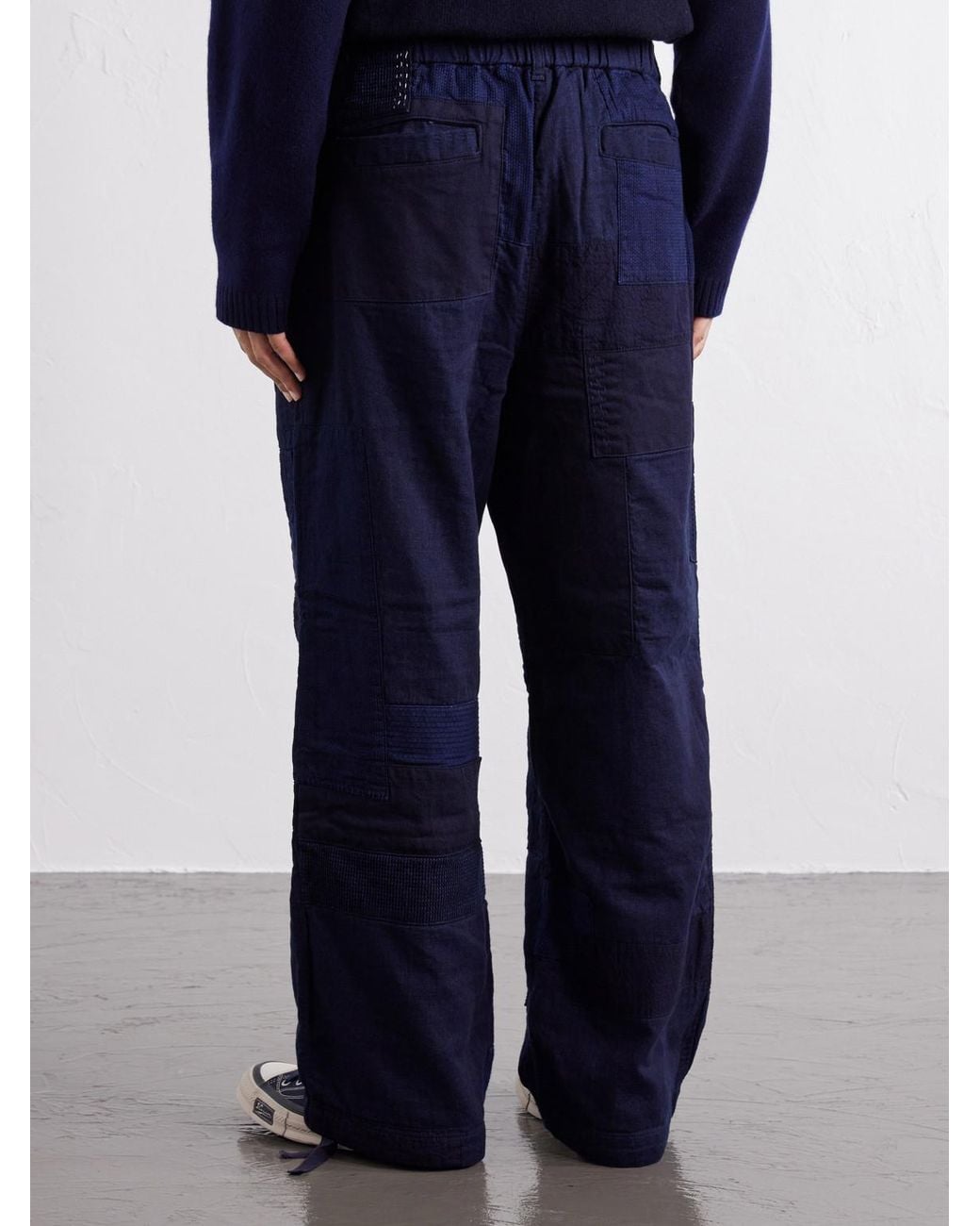 Blue Blue Japan Blue Nenrin Wide-Leg Drawstring Patchwork Cotton-Sashiko Trousers for men