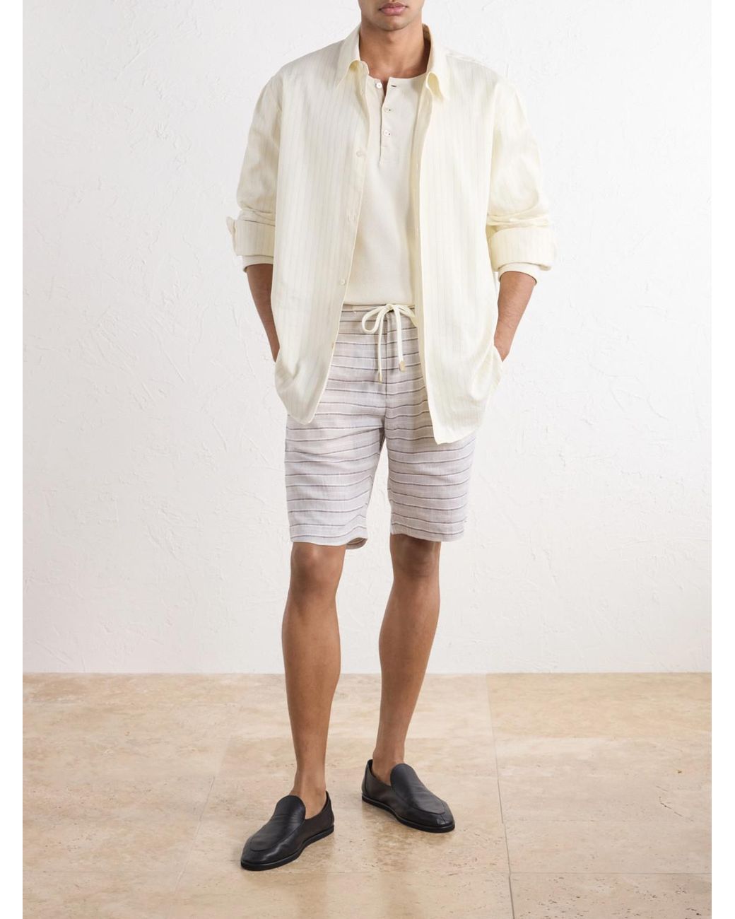 Eleventy White Straight-Leg Striped Drawstring Linen Shorts for men