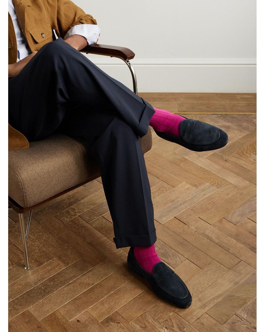 Rubinacci Blue Leather-Trimmed Suede Penny Loafers for men