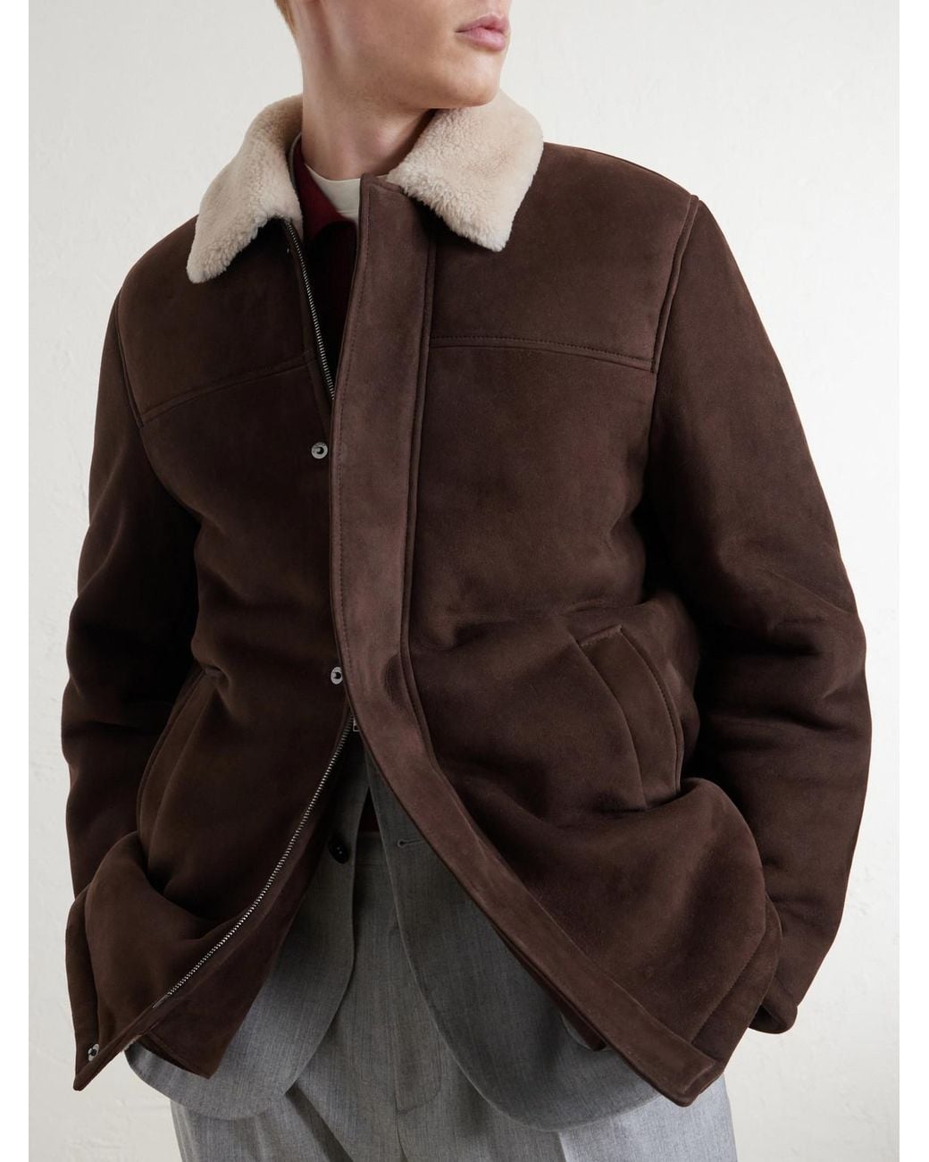 Canali Brown Shearling-Trimmed Suede Jacket for men