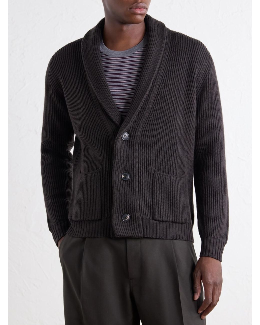 Thom Sweeney Black Shawl-Collar Ribbed Merino Wool Cardigan for men