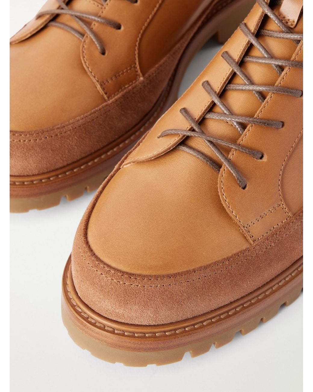 Brunello Cucinelli Brown Suede-Trimmed Leather Hiking Boots for men