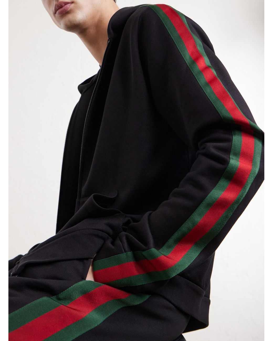 Gucci Blue Webbing-Trimmed Silk And Cotton-Blend Jersey Zip-Up Hoodie for men