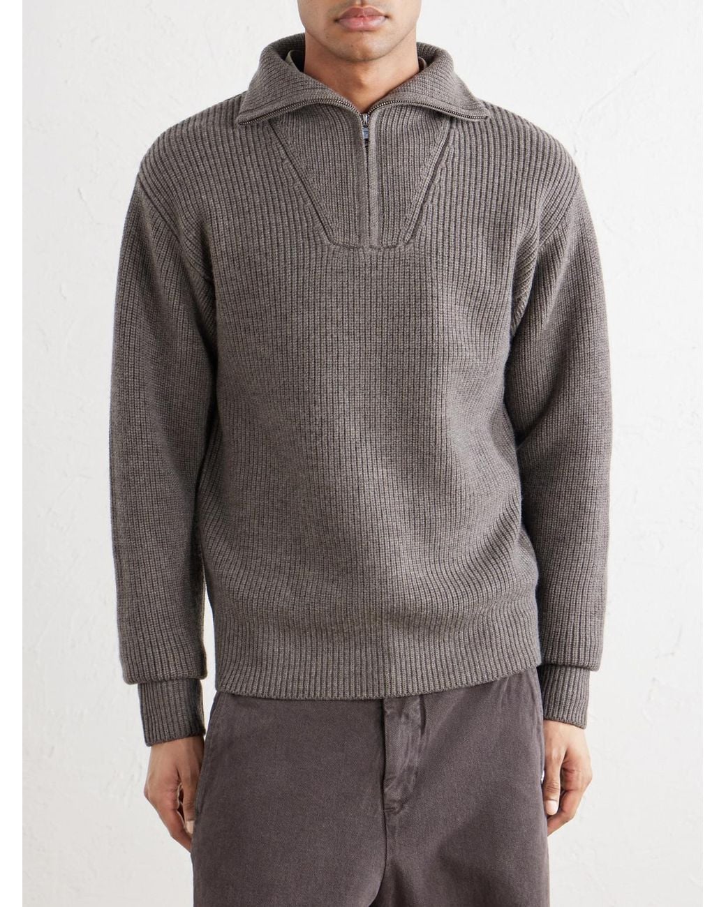 Officine Generale Gray Tarek Ribbed Merino Wool Half-Zip Sweater for men
