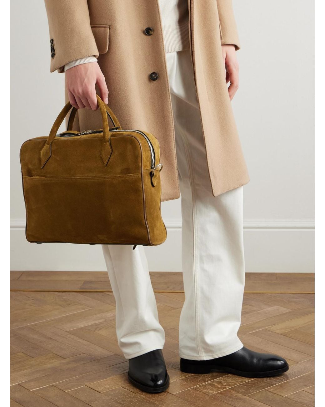 Metier Brown Closer Slim Leather-Trimmed Suede Briefcase for men