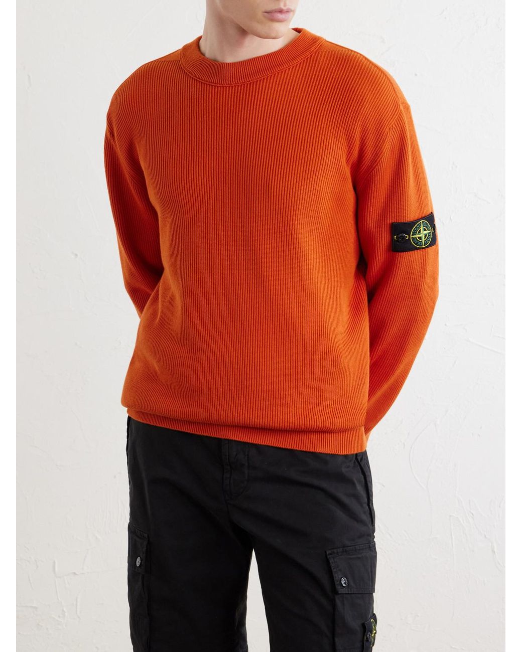 Stone Island Orange Ribbed Organic Cotton Sweater for men