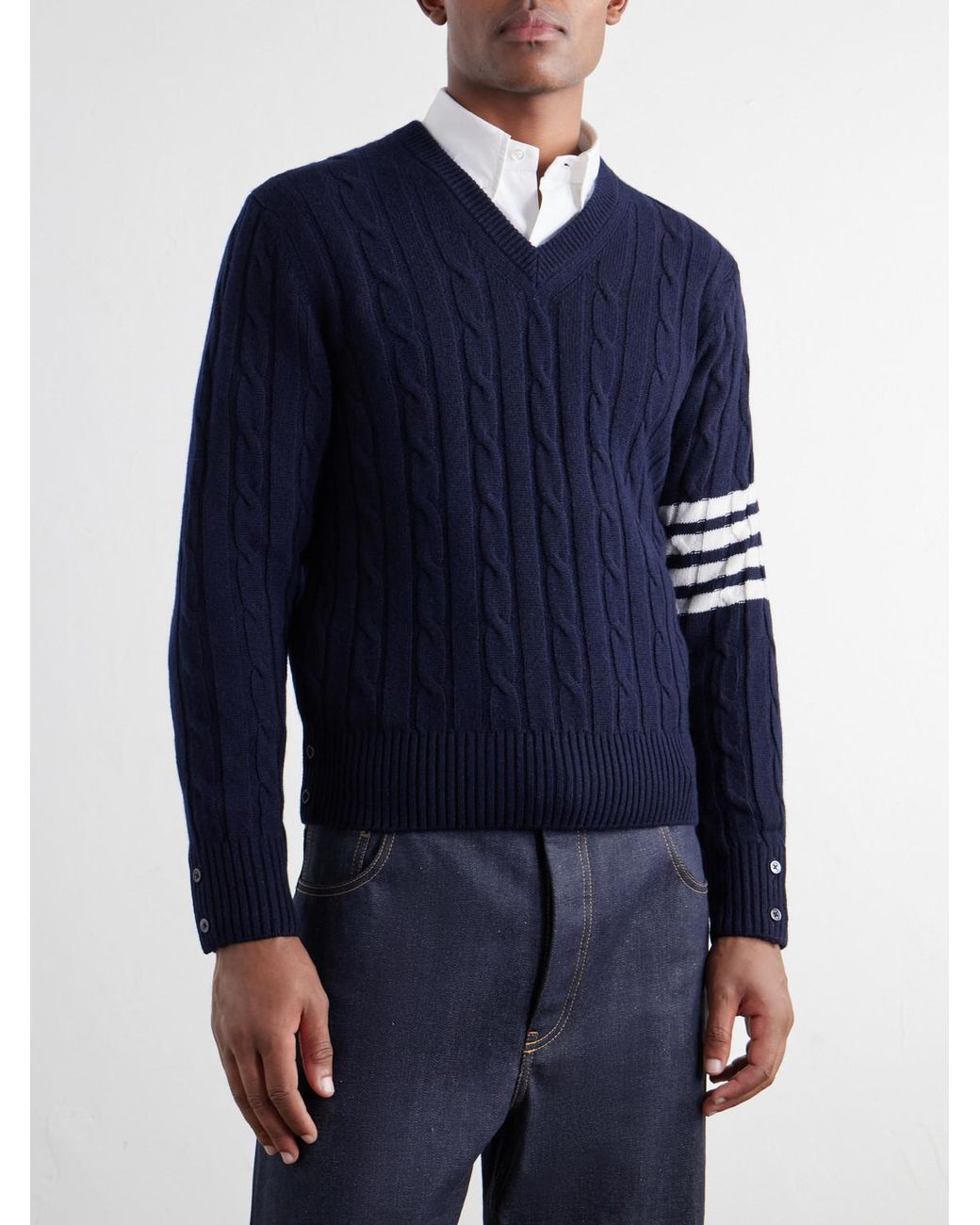 Thom Browne Blue 4-Bar Stripe Cable-Knit Cashmere Sweater for men