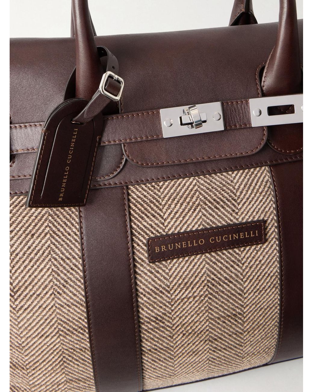 Brunello Cucinelli Brown Herringbone Canvas And Leather Weekend Bag for men
