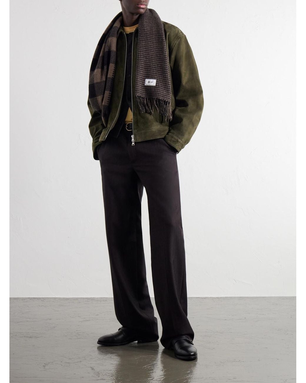 NN07 Black Fringed Checked Wool-Blend Scarf for men