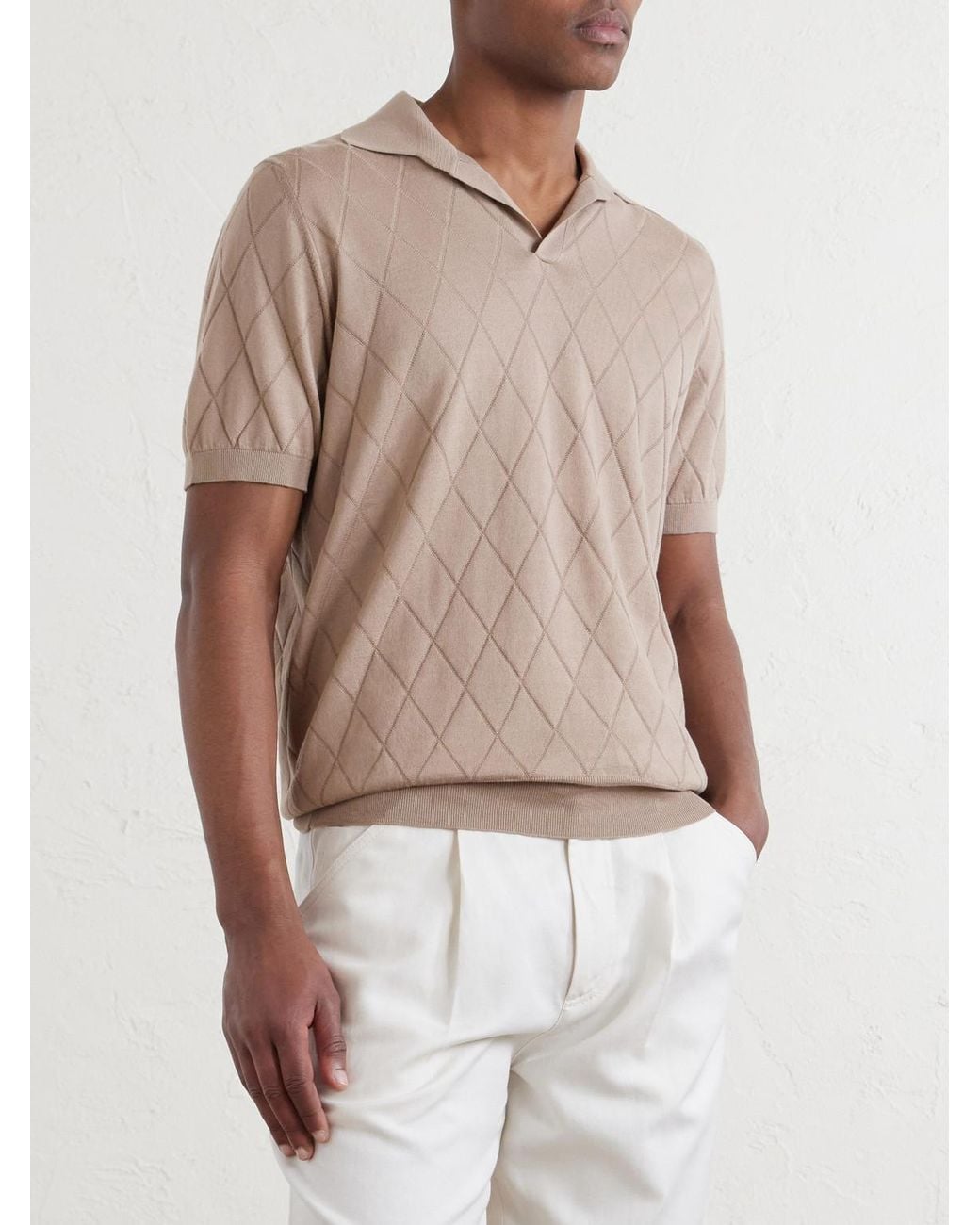 Brunello Cucinelli Natural Open-Collar Knitted Cotton Polo Shirt for men