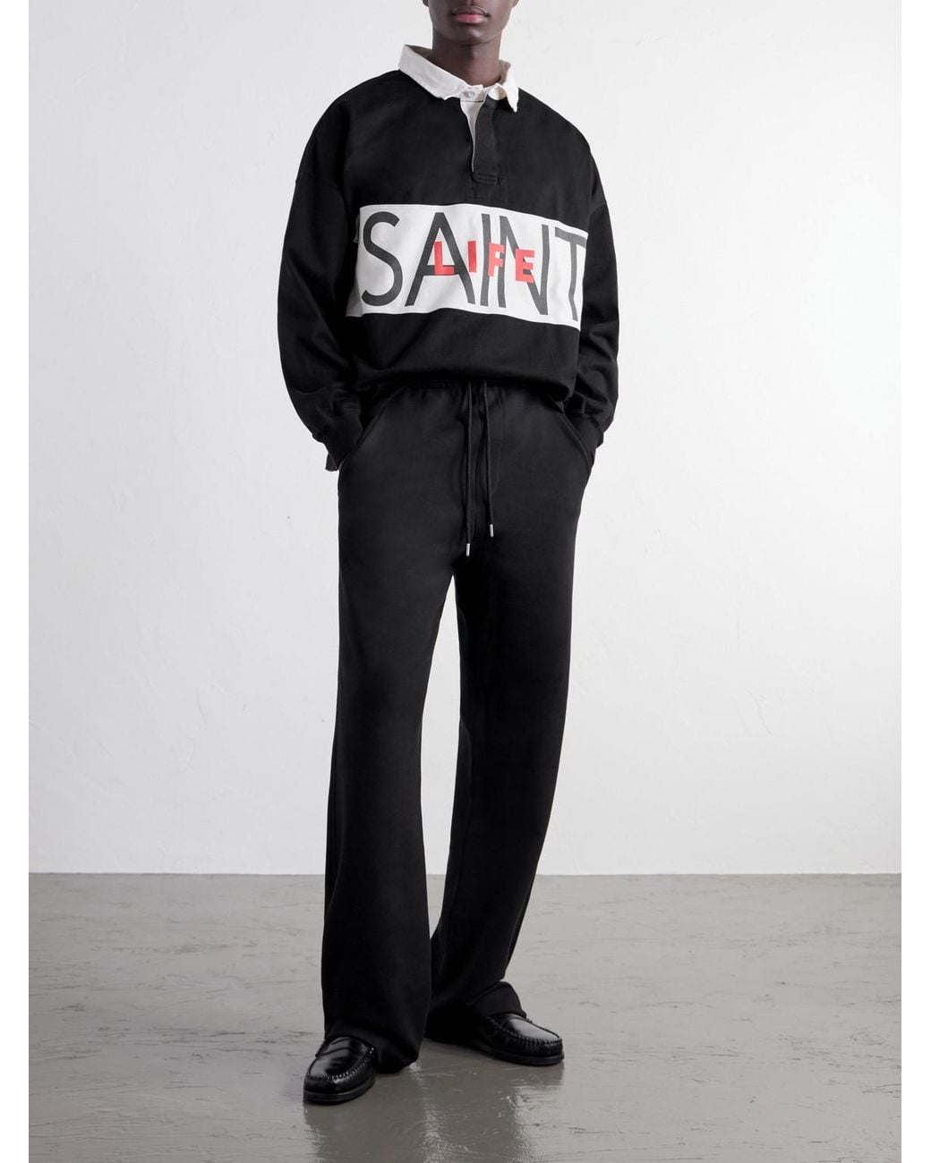 SAINT Mxxxxxx Black Saint Life Printed Cotton-Jersey Polo Shirt for men