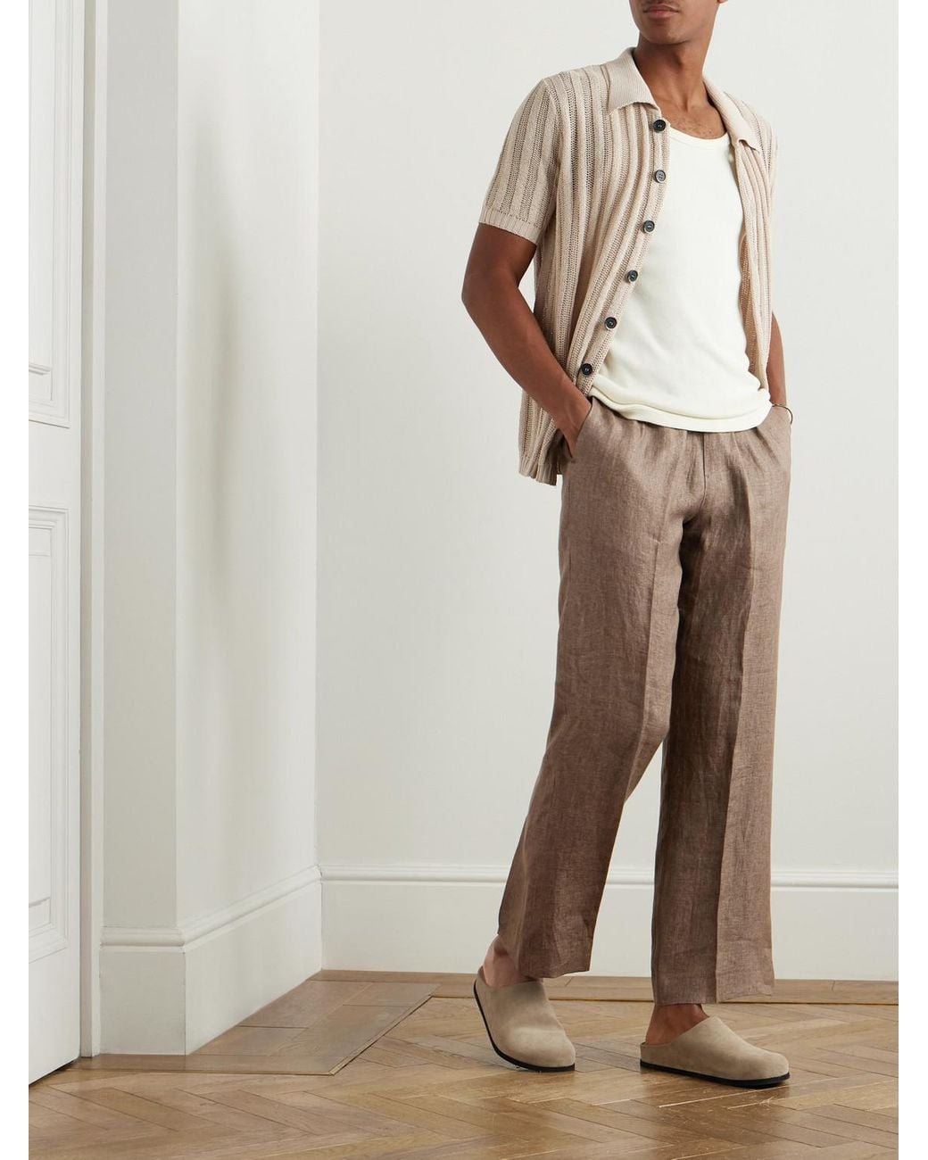 Piacenza 1733 Brown Straight-Leg Linen Trousers for men