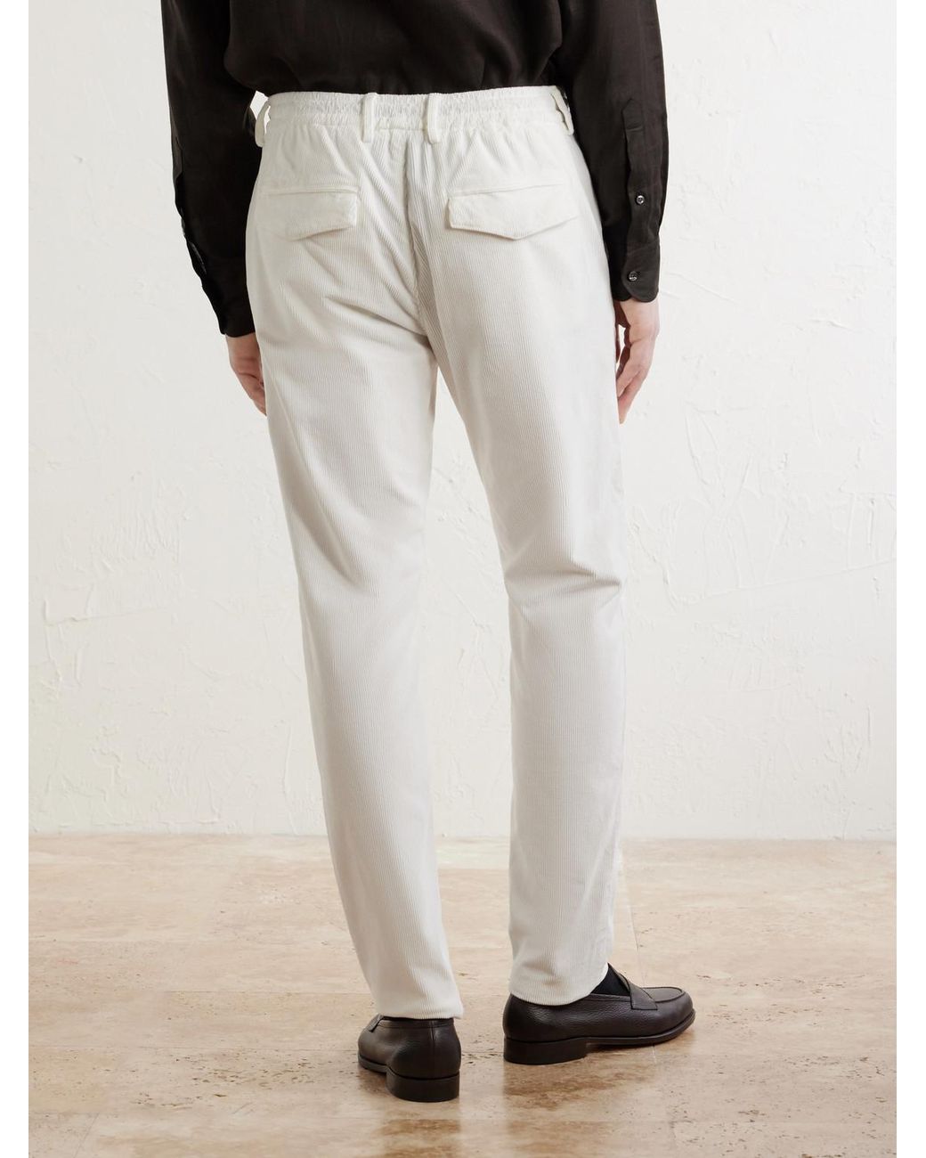 Eleventy White Straight-Leg Cotton-Blend Corduroy Drawstring Trousers for men