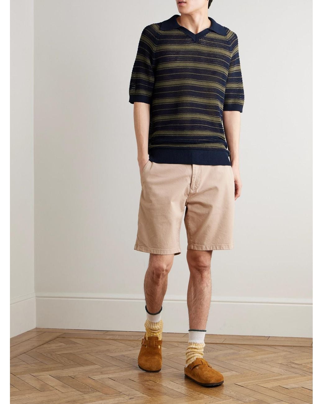 NN07 Blue Cale 60056 Striped Pointelle-Knit Linen And Cotton-Blend Polo Shirt for men