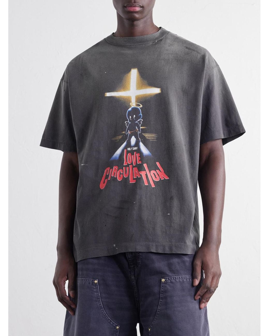 SAINT Mxxxxxx Gray Love Circulation Printed Distressed Cotton-Jersey T-Shirt for men