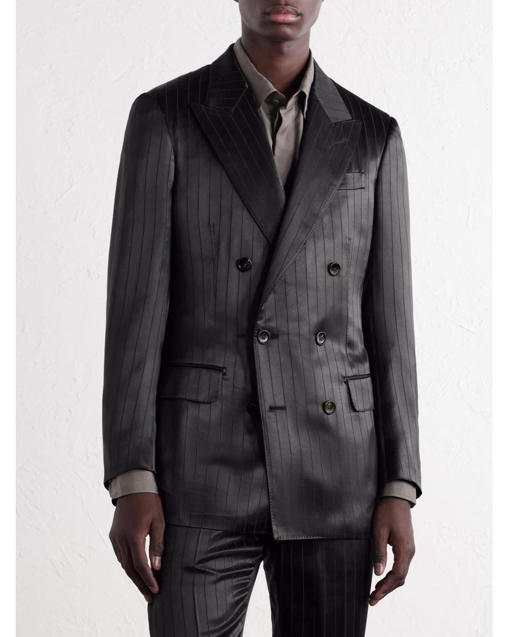 Tom Ford Black Double-Breasted Pinstriped Satin Suit Jacket for men