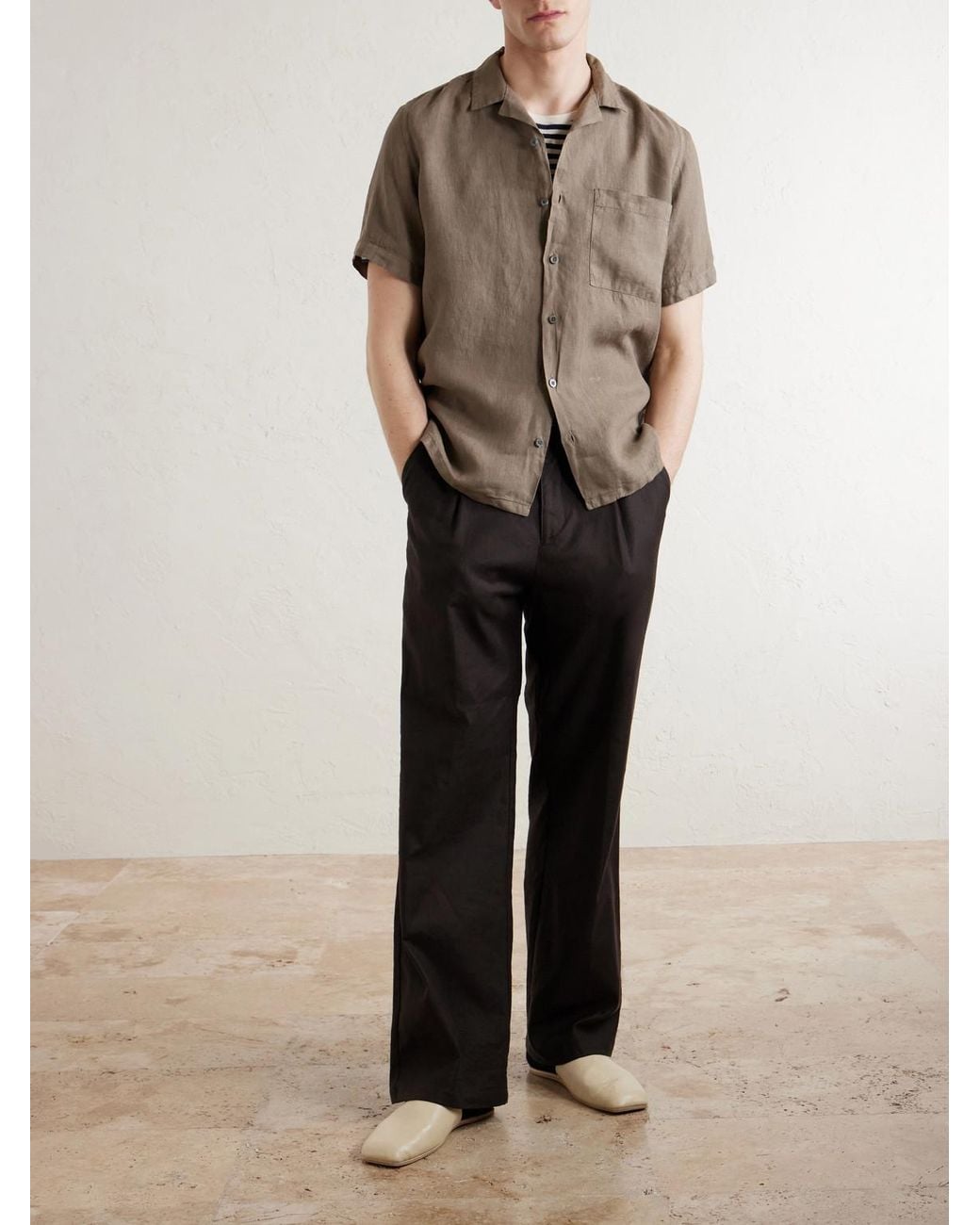 Canali Gray Camp-Collar Linen Shirt for men