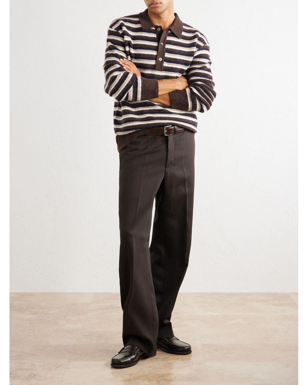 Officine Generale Brown Patchi Striped Wool-Blend Polo Shirt for men