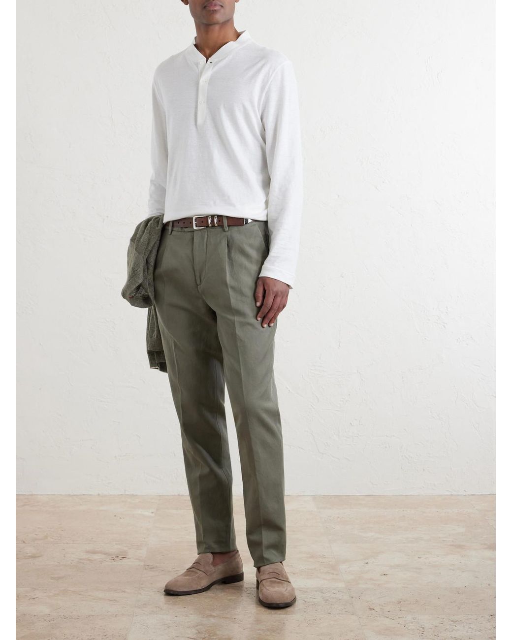 Brunello Cucinelli White Linen And Cotton-Blend Henley T-Shirt for men