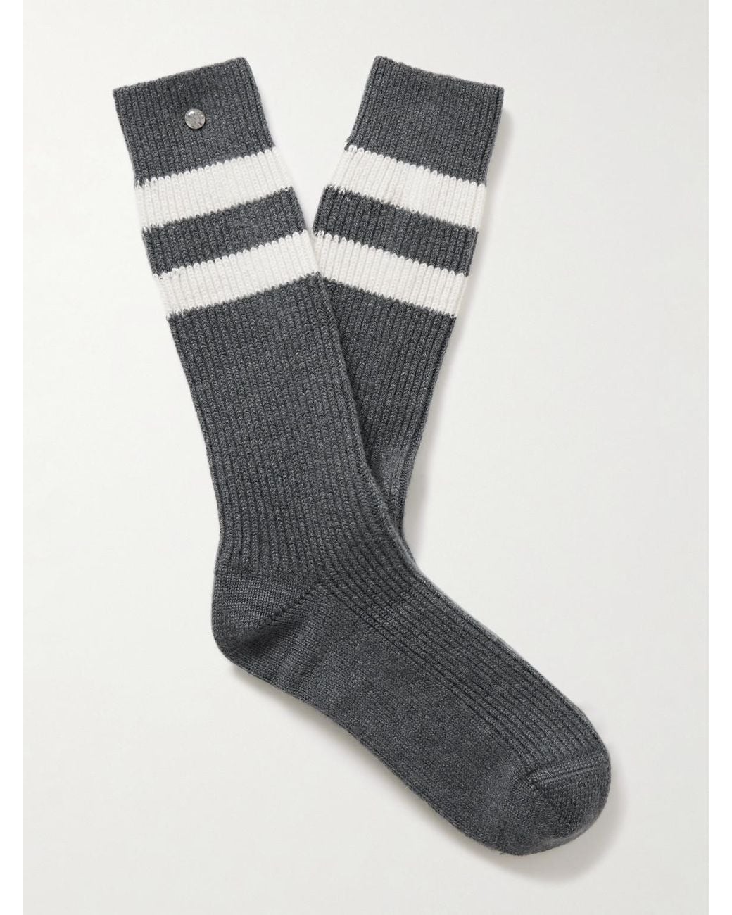 God's True Cashmere Gray Shadow Sunstone-Embellished Striped Ribbed Cashmere-Blend Socks for men