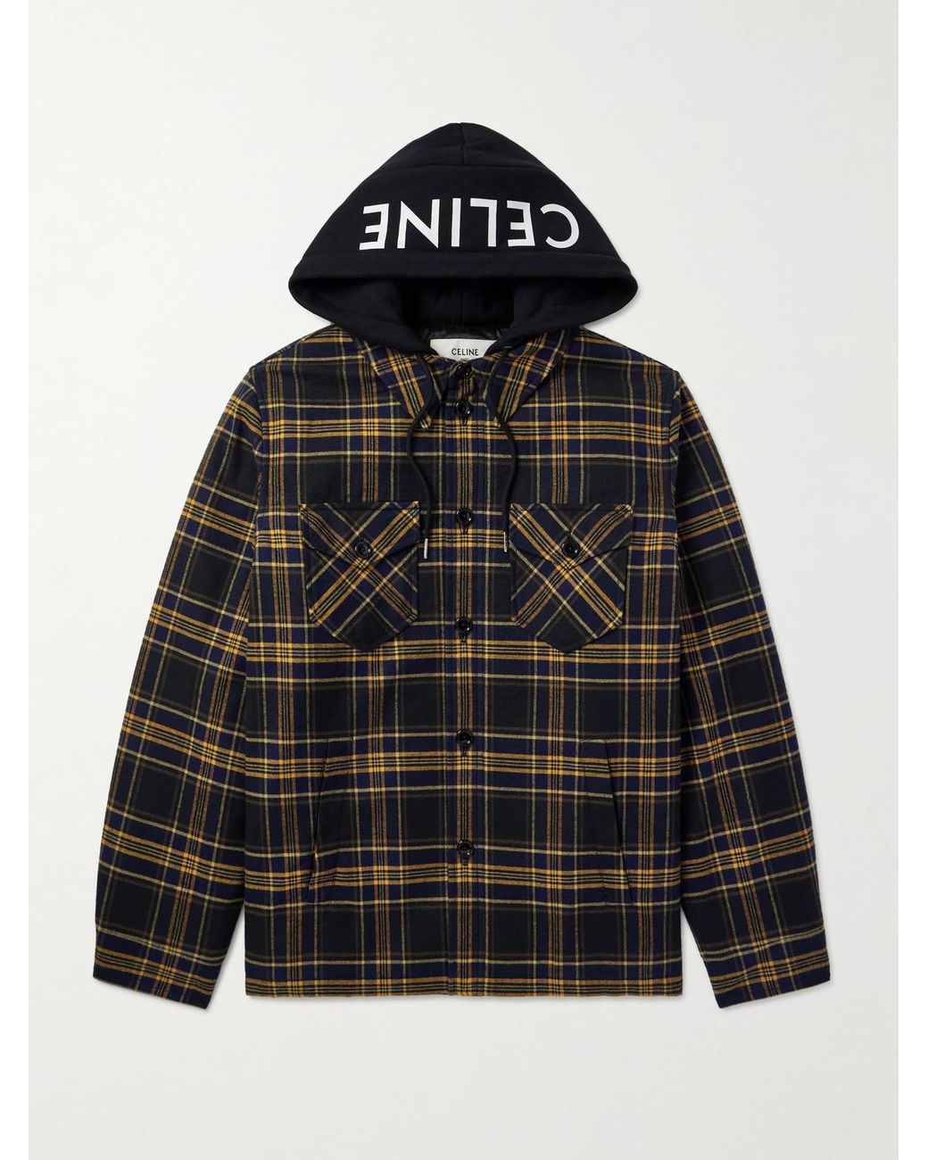 Celine Logo-Print Jersey And Checked Cotton-Flannel Hooded