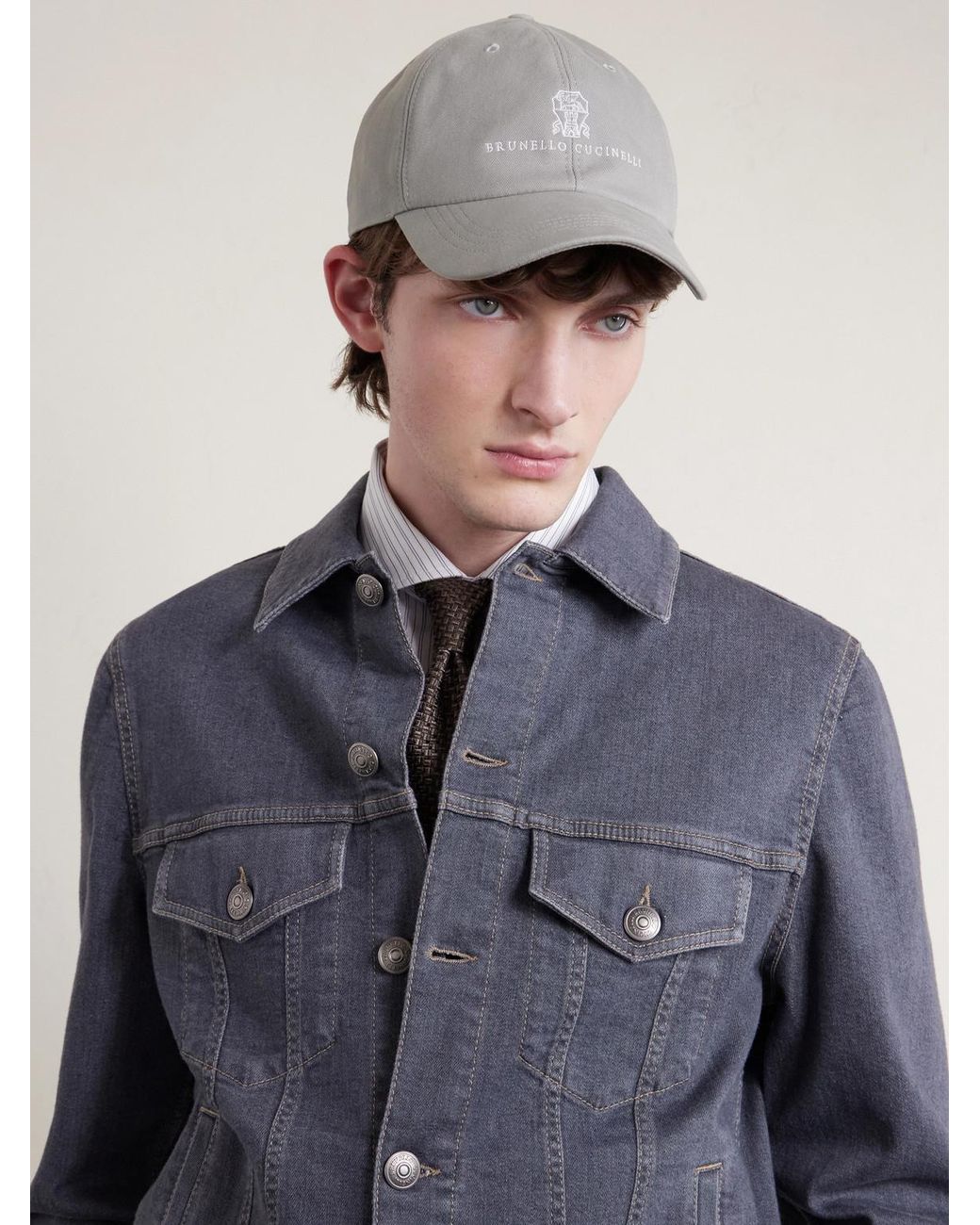 Brunello Cucinelli Gray Logo-embroidered Leather-trimmed Cotton-twill Baseball Cap for men