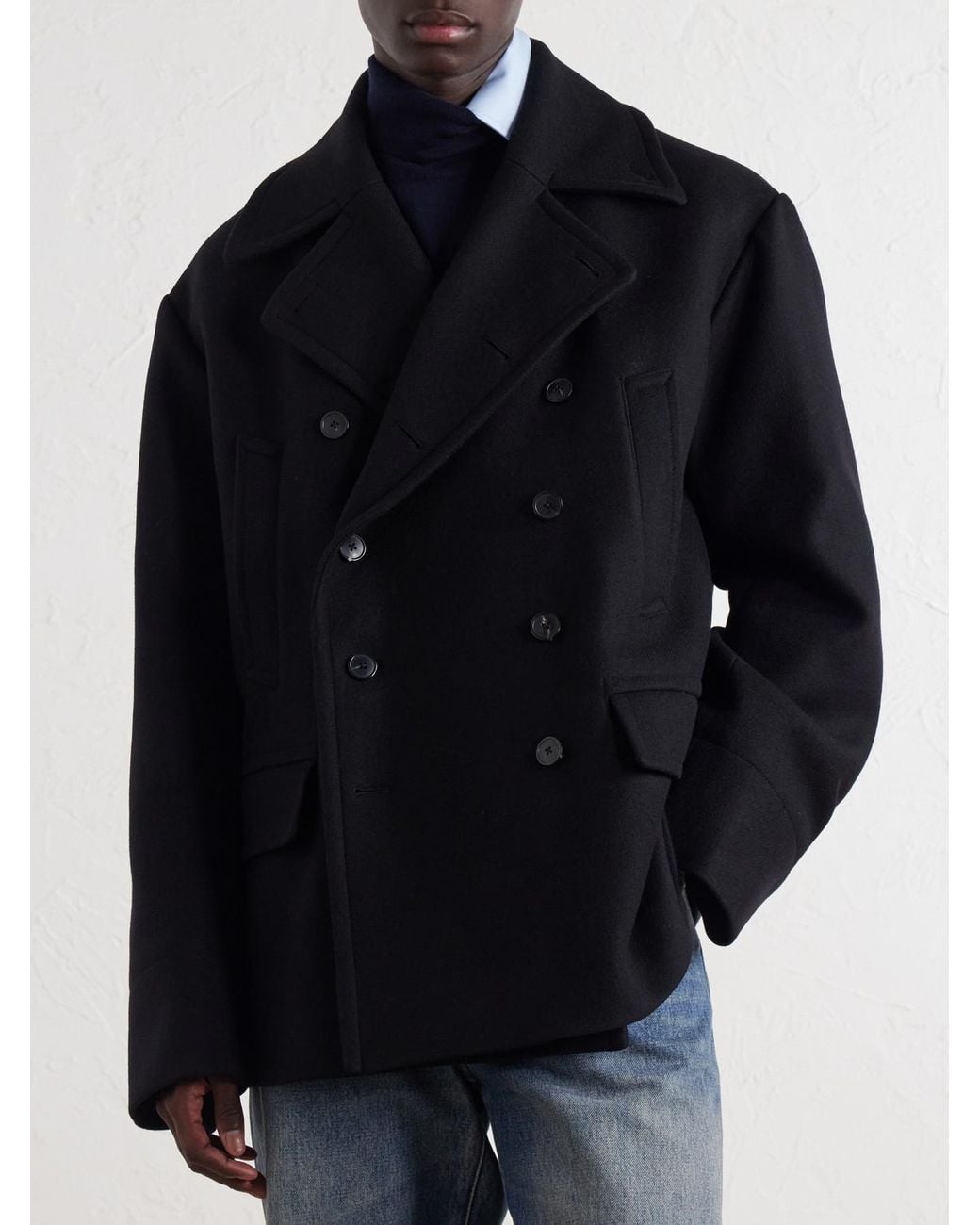 Dries Van Noten Black Double-Breasted Wool-Blend Coat for men