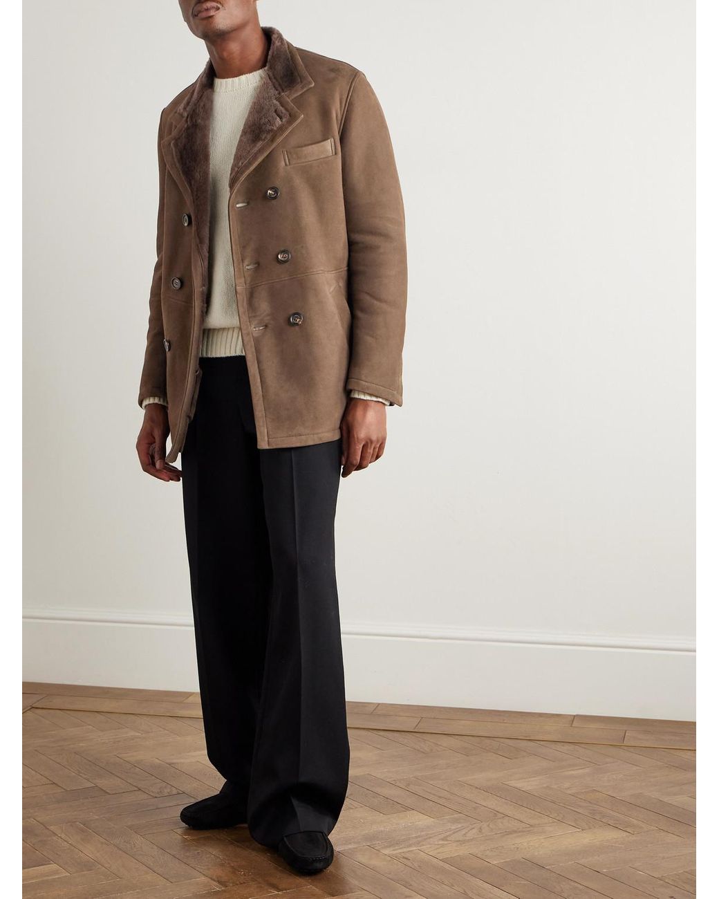 Eleventy Brown Double-Breasted Shearling Overcoat for men