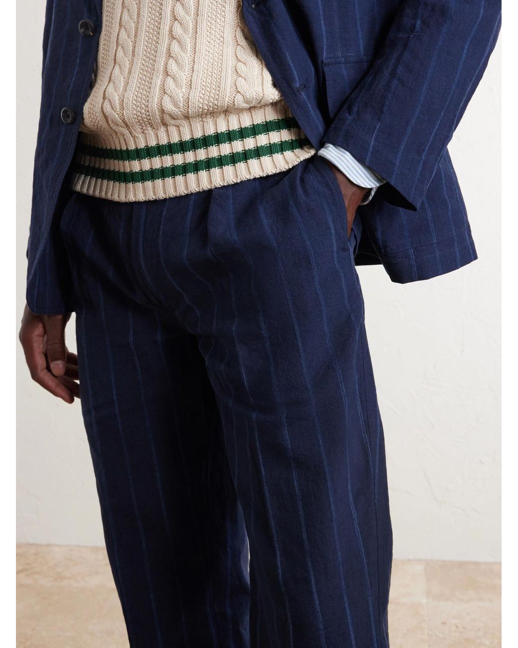 Drake's Blue Games Straight-leg Pinstriped Cotton And Linen-blend Suit Trousers for men