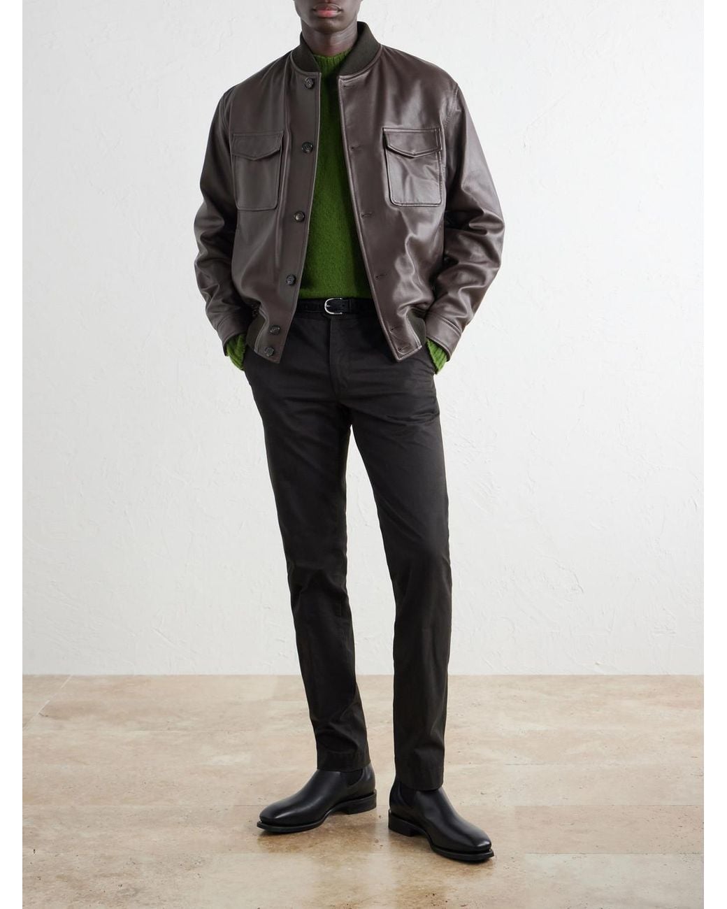 Slowear Black Montedoro Leather Bomber Jacket for men