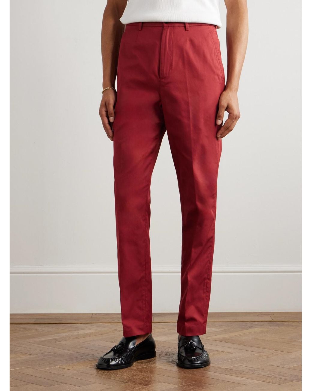 Dunhill Red Slim-Fit Straight-Leg Pleated Cotton-Gabardine Chinos for men