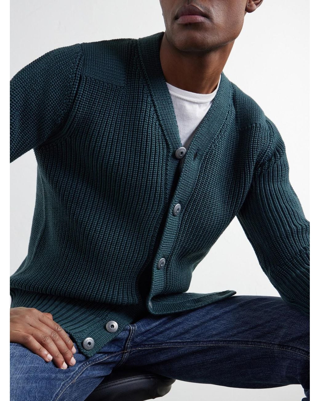 S.N.S Herning Blue Robust Ribbed Merino Wool Cardigan for men
