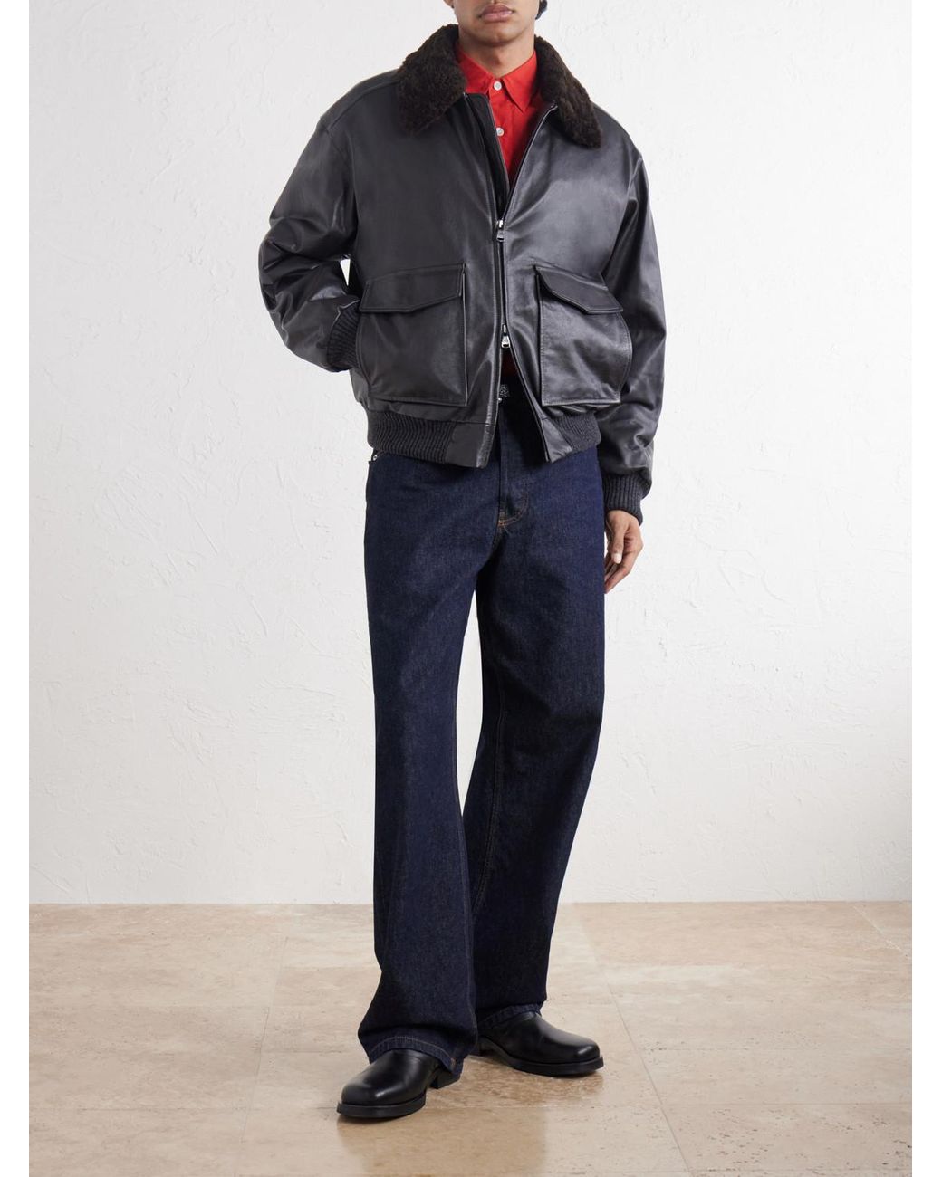 Valstar Black Smith Shearling-Trimmed Full-Grain Leather Jacket for men