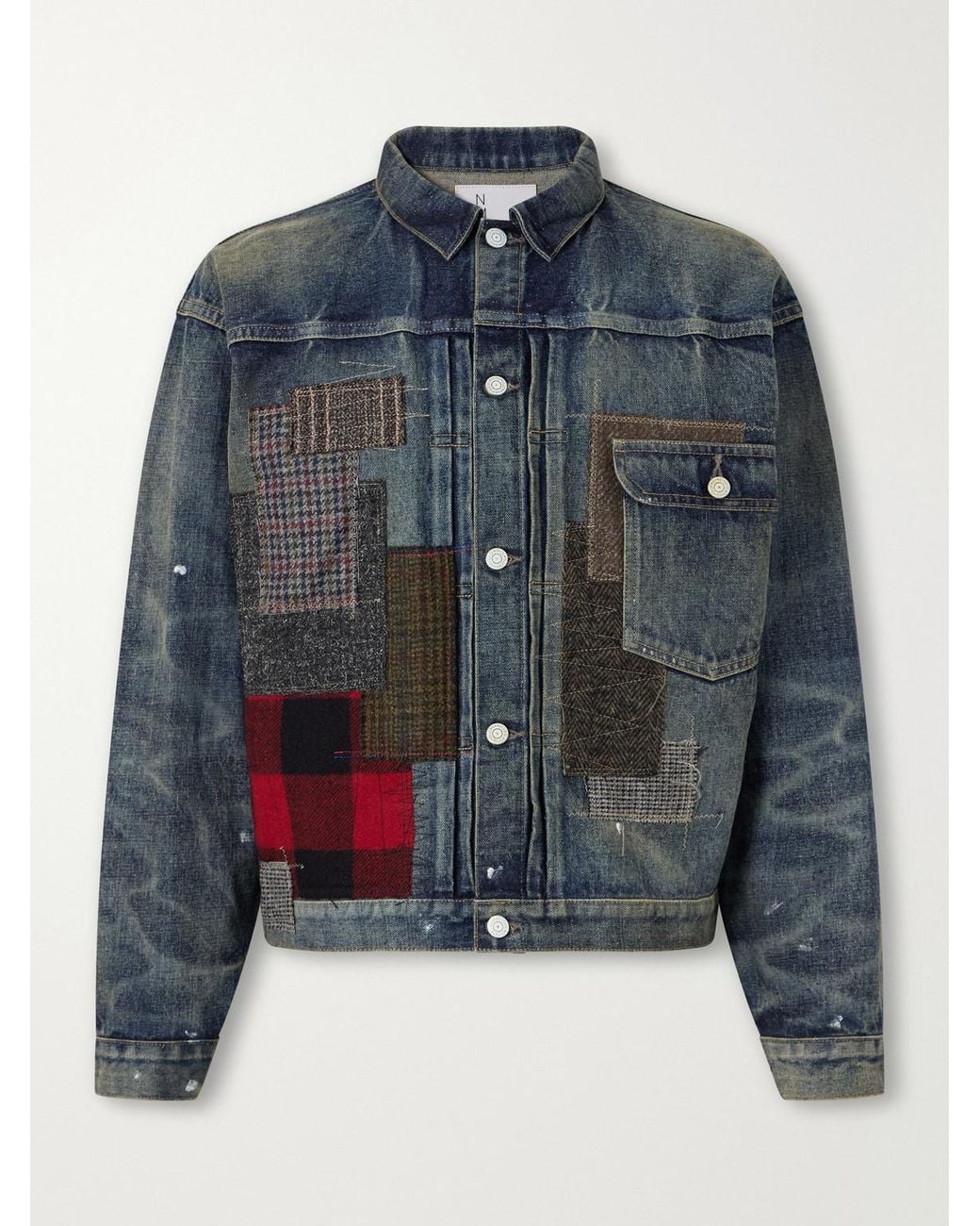 Junya Watanabe Blue Patchwork Distressed Paint-Splattered Denim Jacket for men