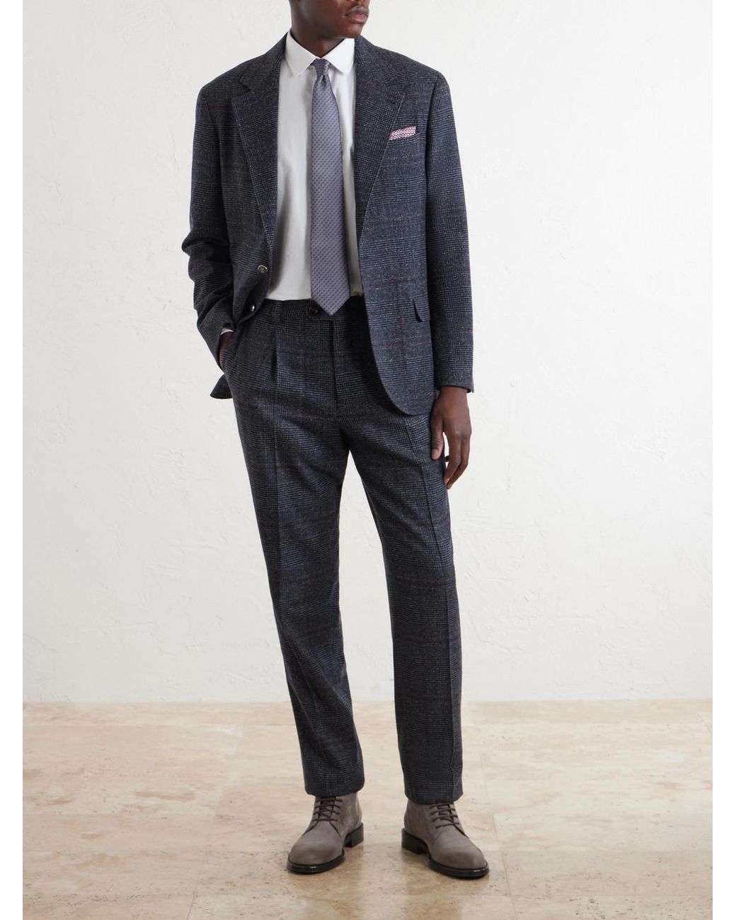Brunello Cucinelli Black Checked Silk, Wool And Cashmere-Blend Suit Jacket for men