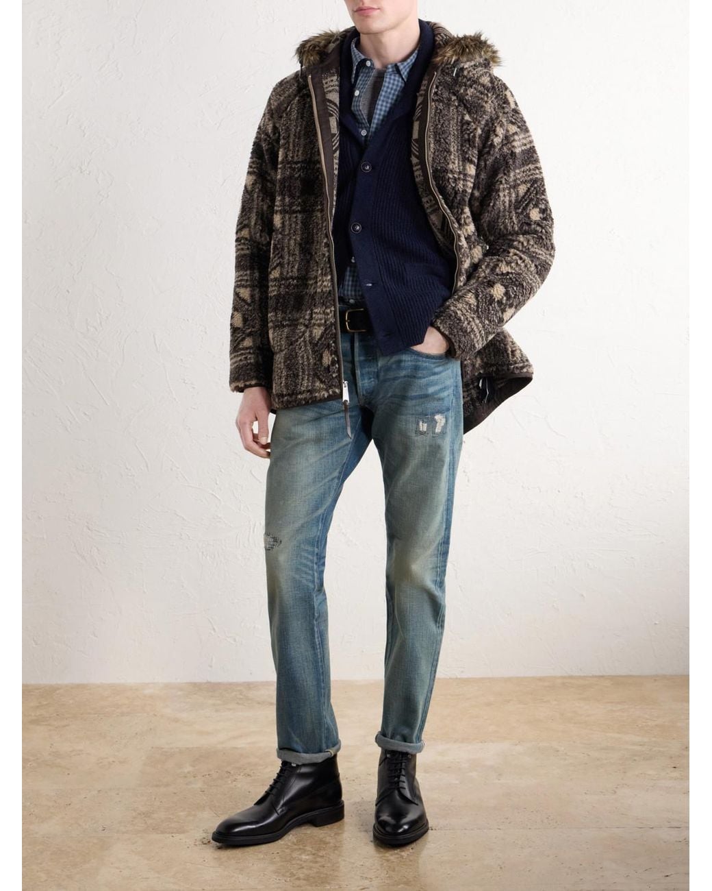 RRL Brown Hooded Plush-Trimmed Fleece Jacket for men