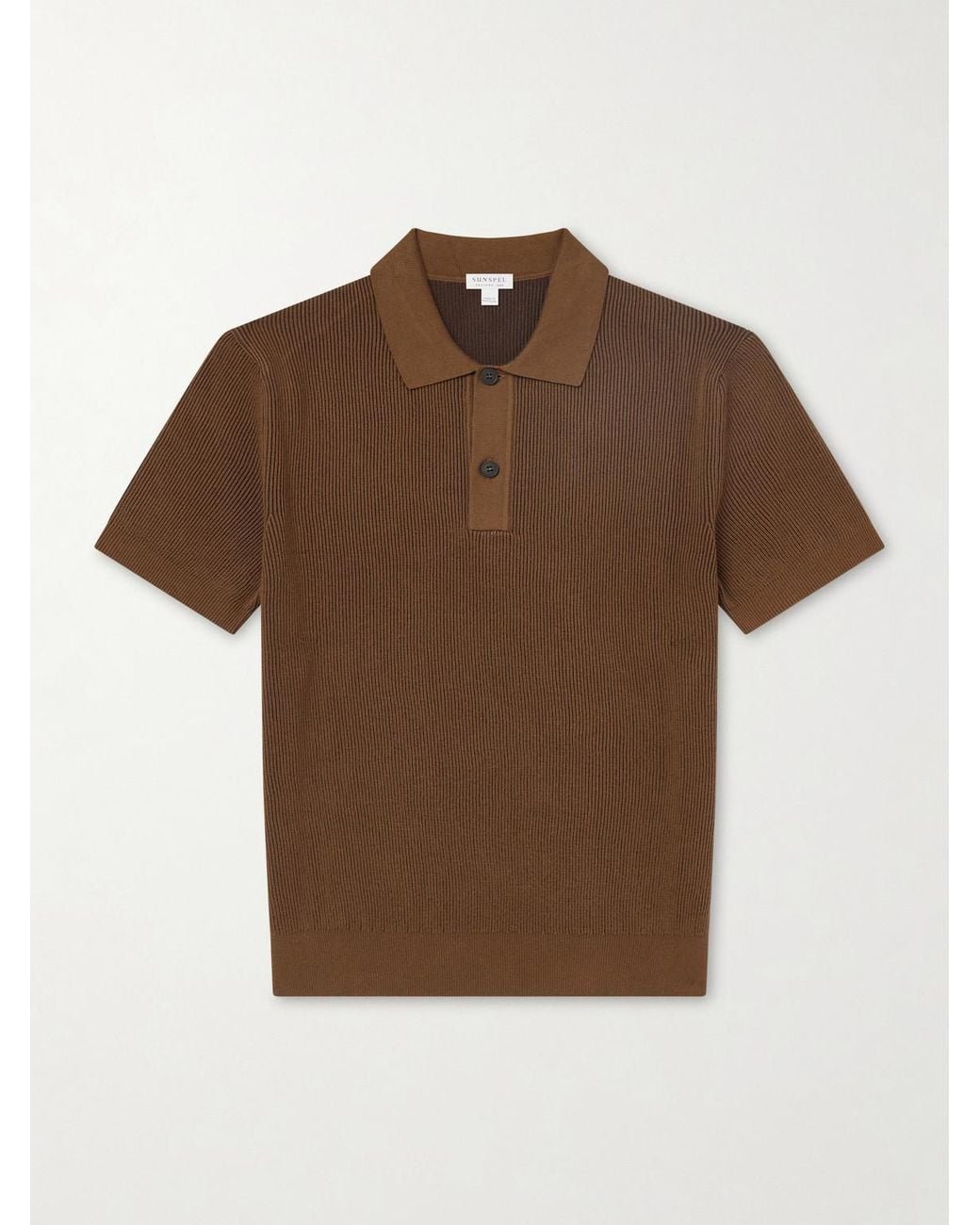 Sunspel Brown Ribbed Cotton Polo-Shirt for men