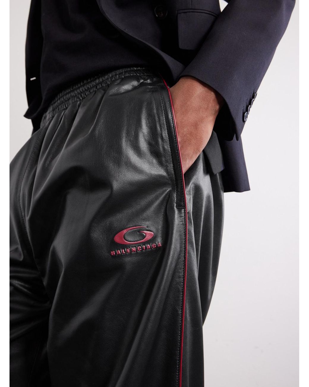 Balenciaga Black Straight-Leg Logo-Print Leather Sweatpants for men