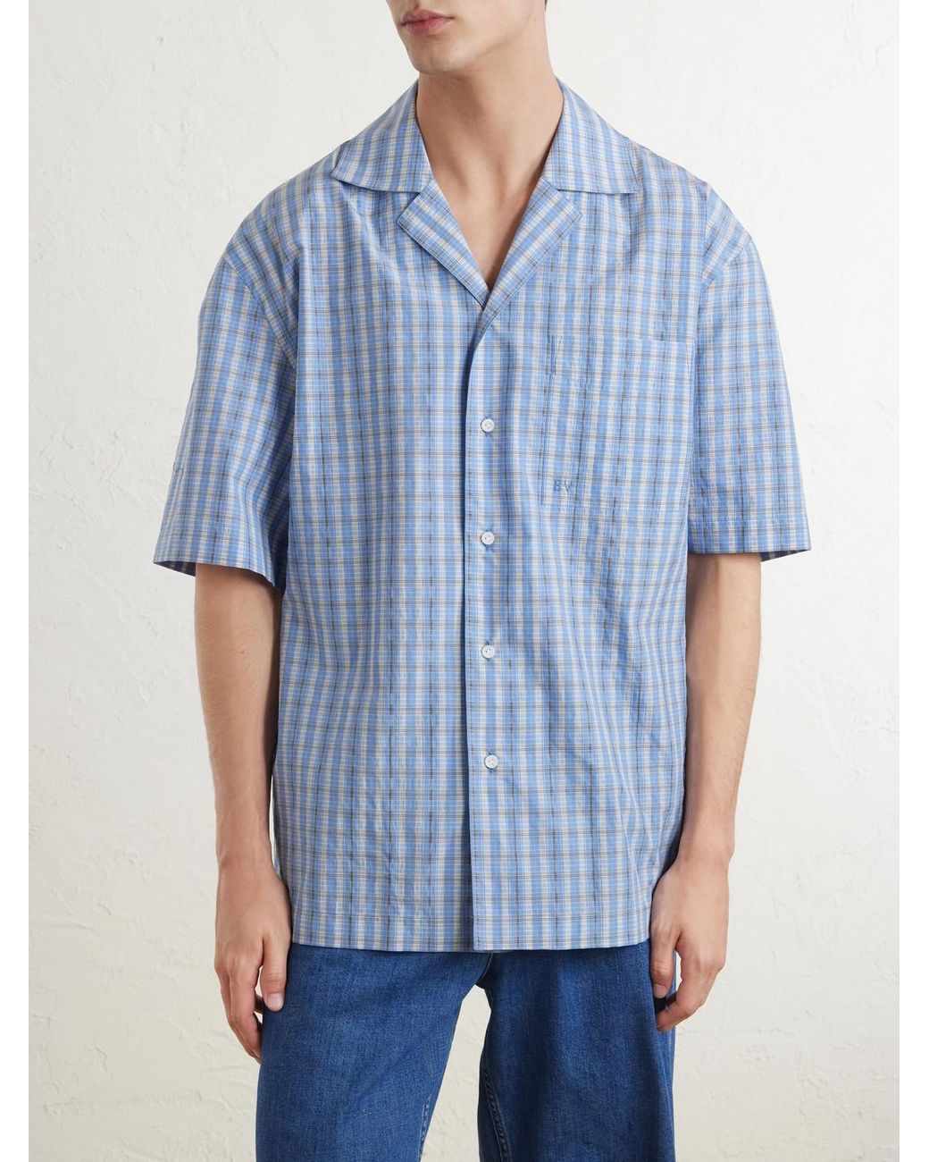 Bottega Veneta Blue Camp-collar Logo-embroidered Checked Cotton And Silk-blend Shirt for men