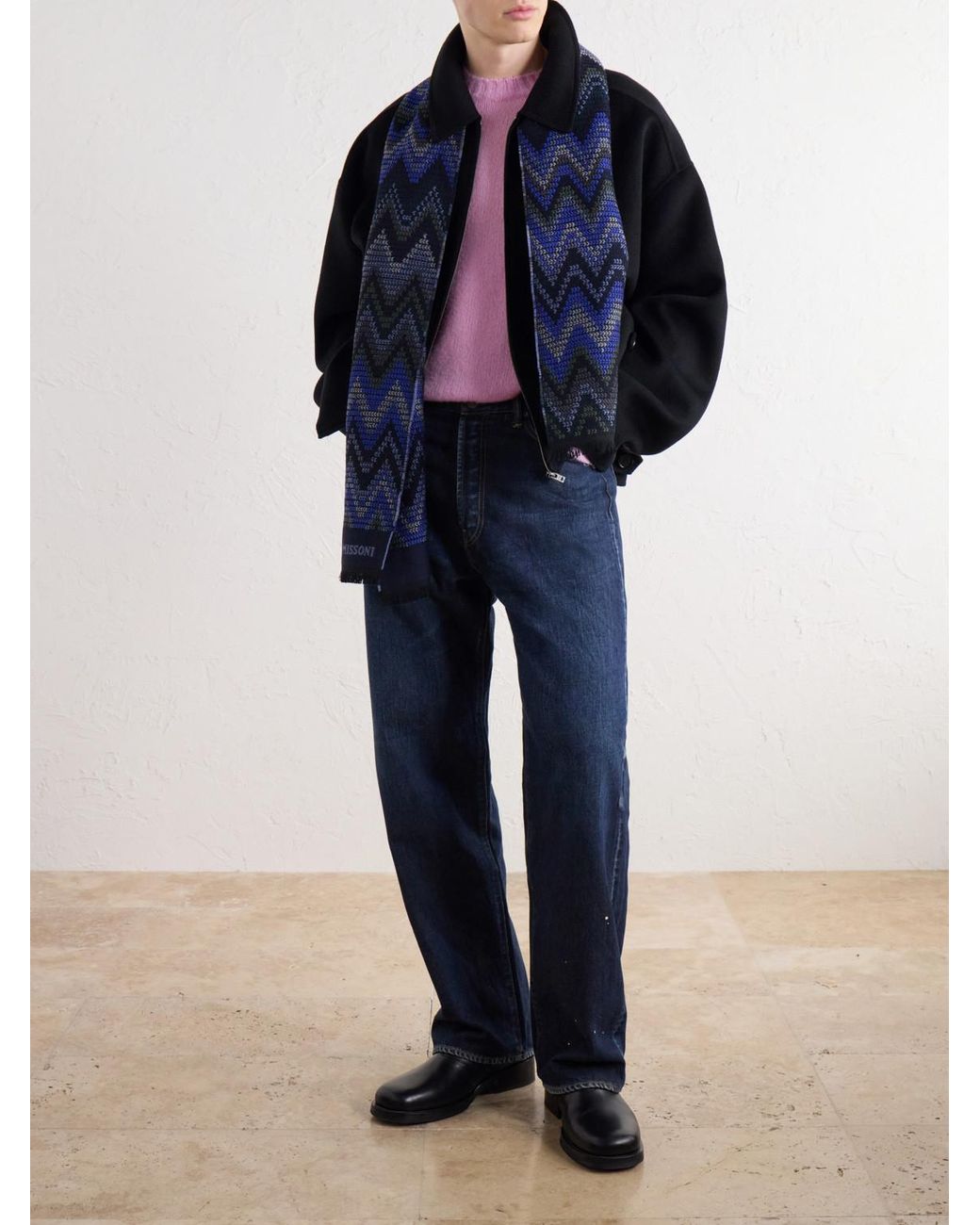 Missoni Blue Striped Crochet-Knit Wool Scarf for men