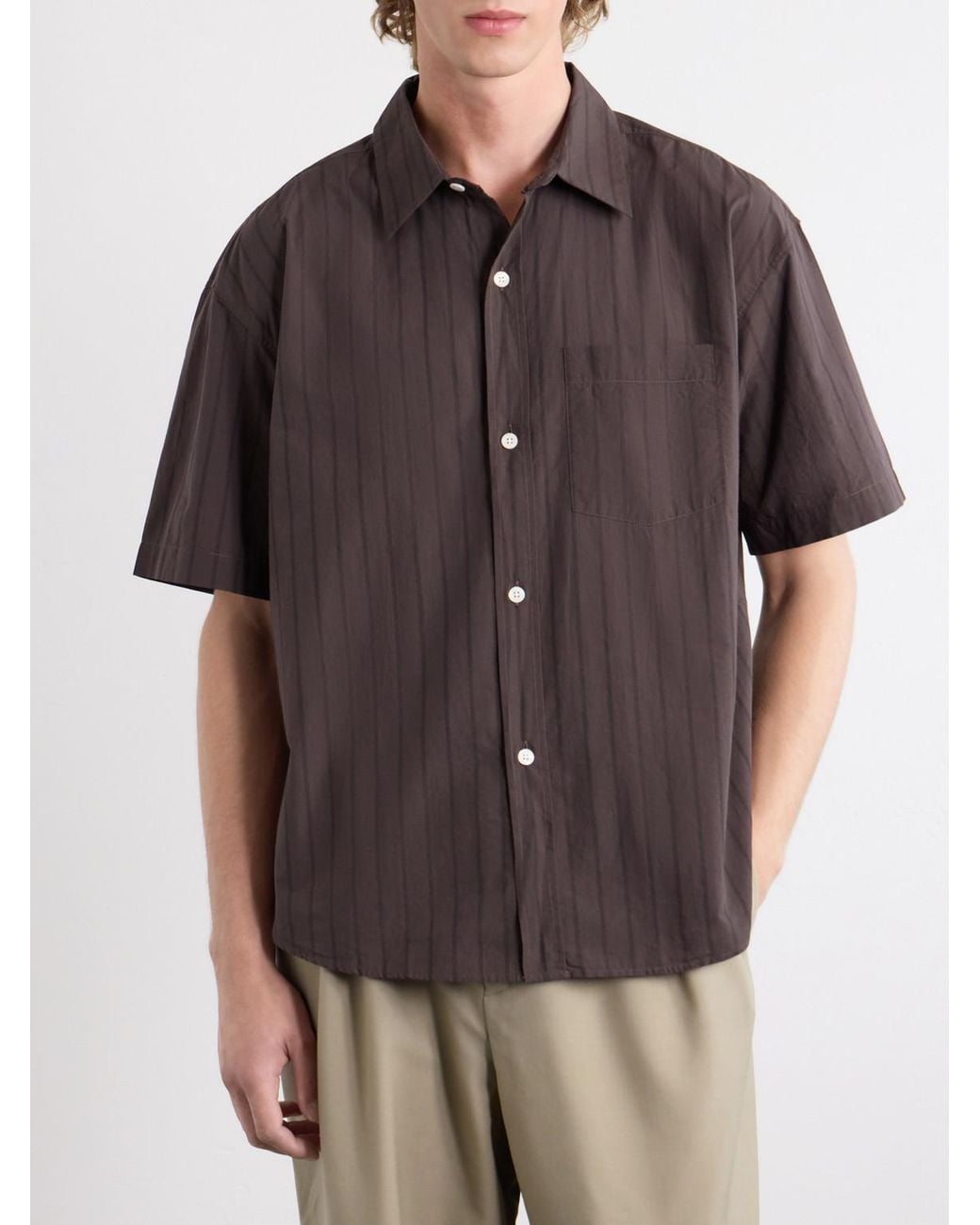 mfpen Brown New Input Striped Cotton-Poplin Shirt for men