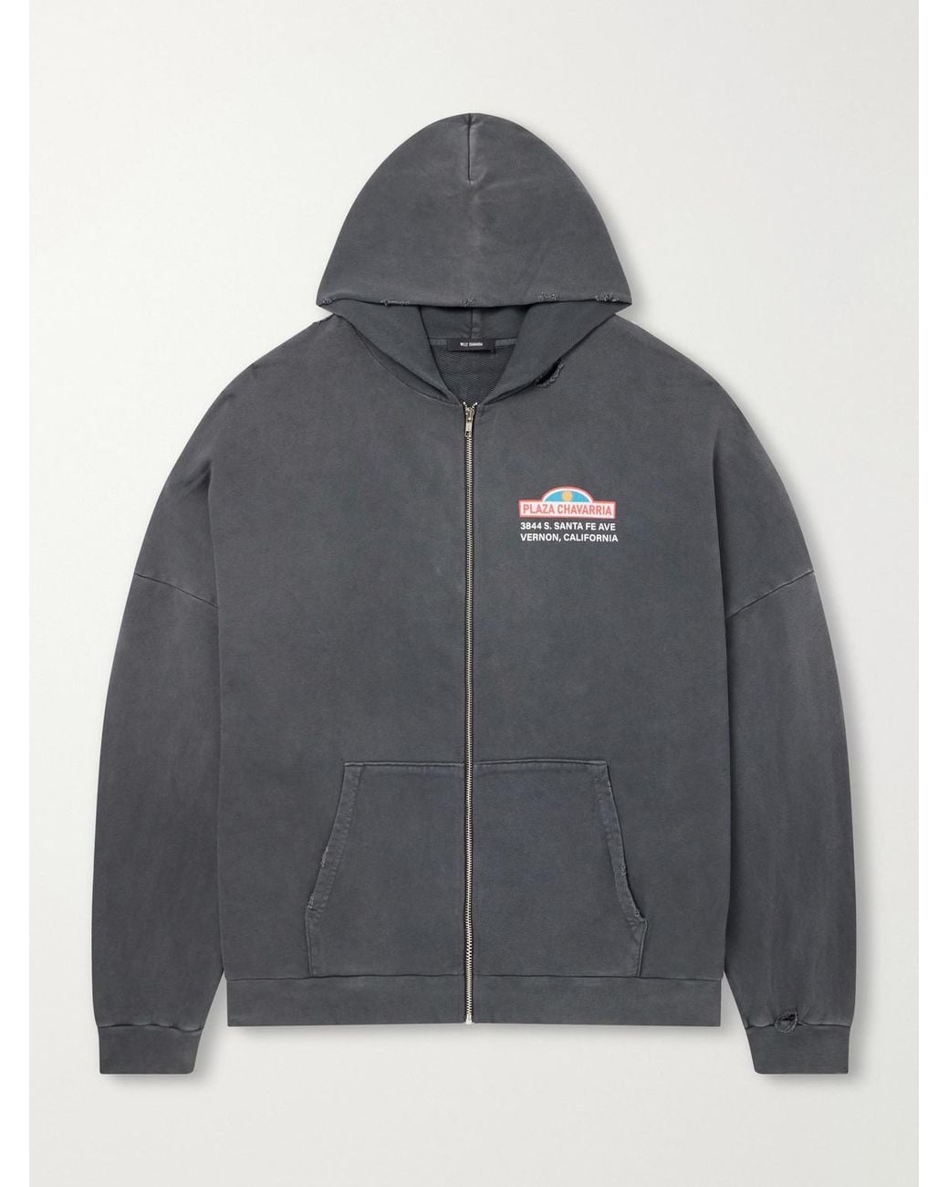 Willy Chavarria Gray Plaza Chavarria Logo-Print Distressed Cotton-Jersey Zip-Up Hoodie for men