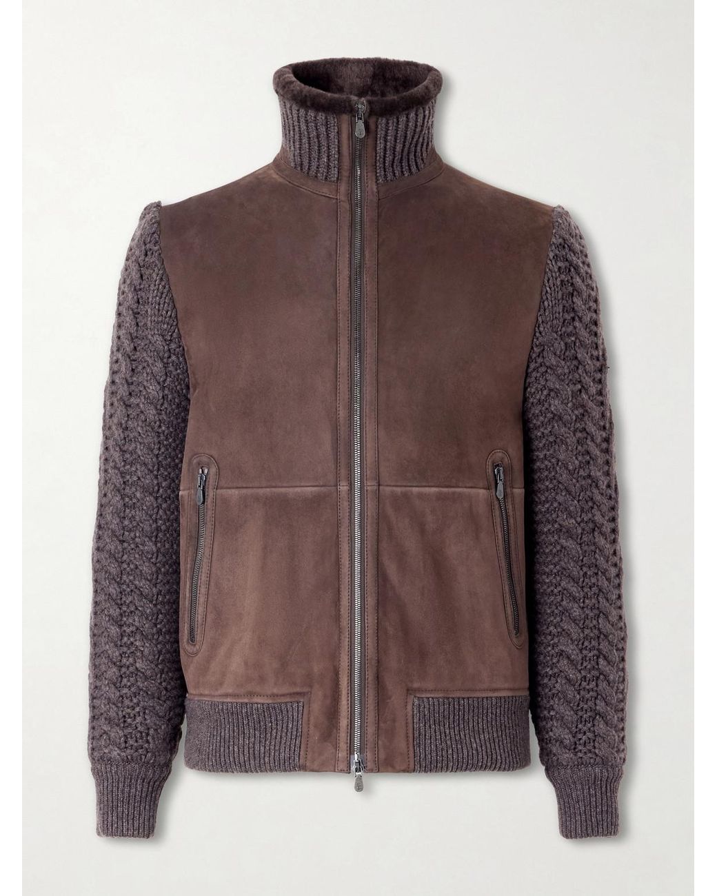 Brunello Cucinelli Brown Shearling And Cable-knit Cashmere Jacket for men