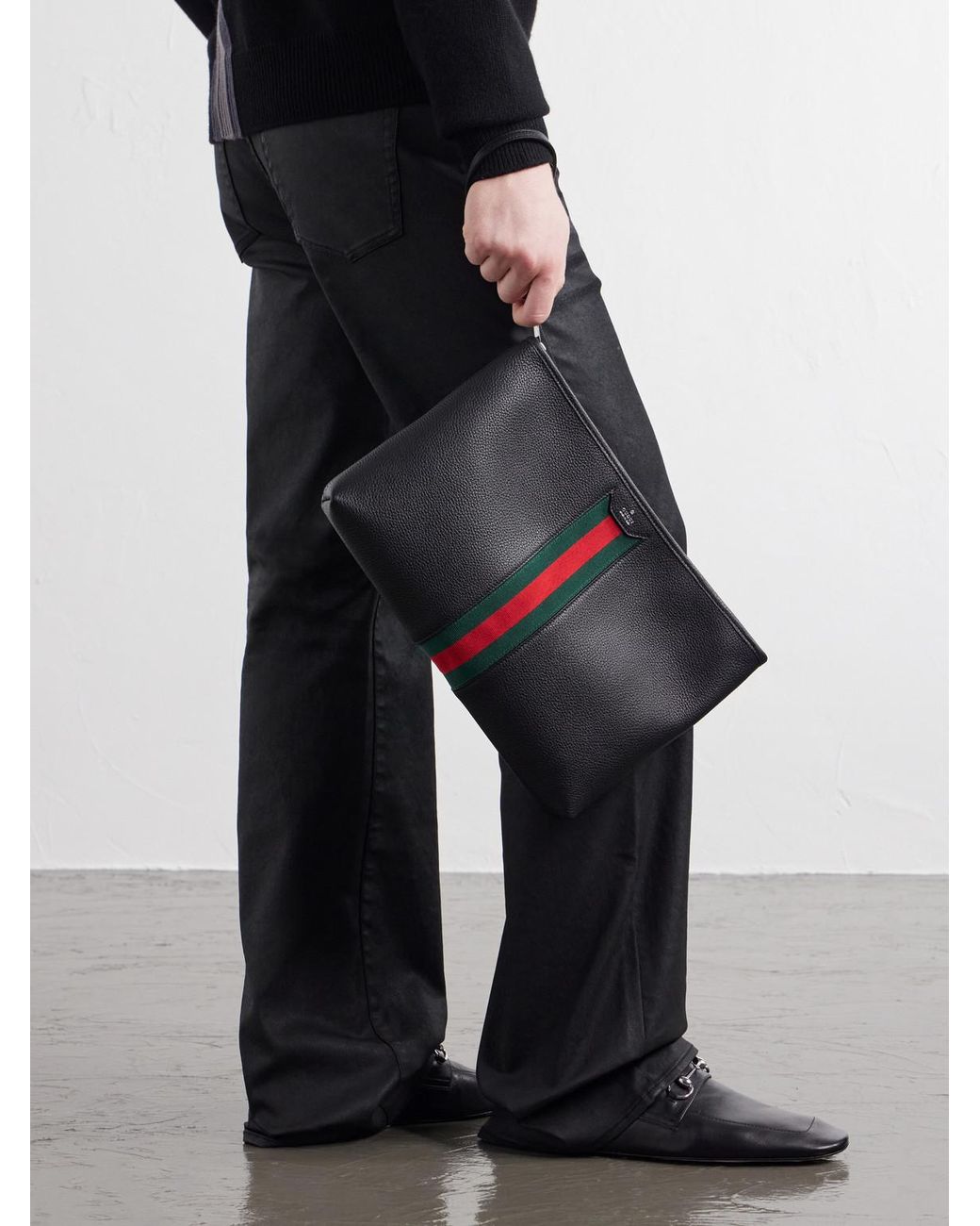 Gucci Black Alba Web-Trimmed Full-Grained Leather Pouch for men