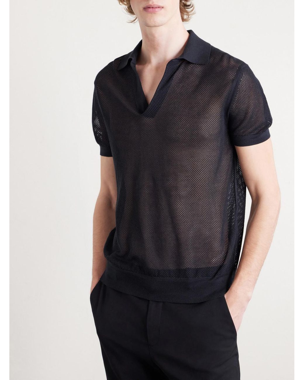Tom Ford Black Open-knit Sea Island Cotton And Silk-blend Polo Shirt for men