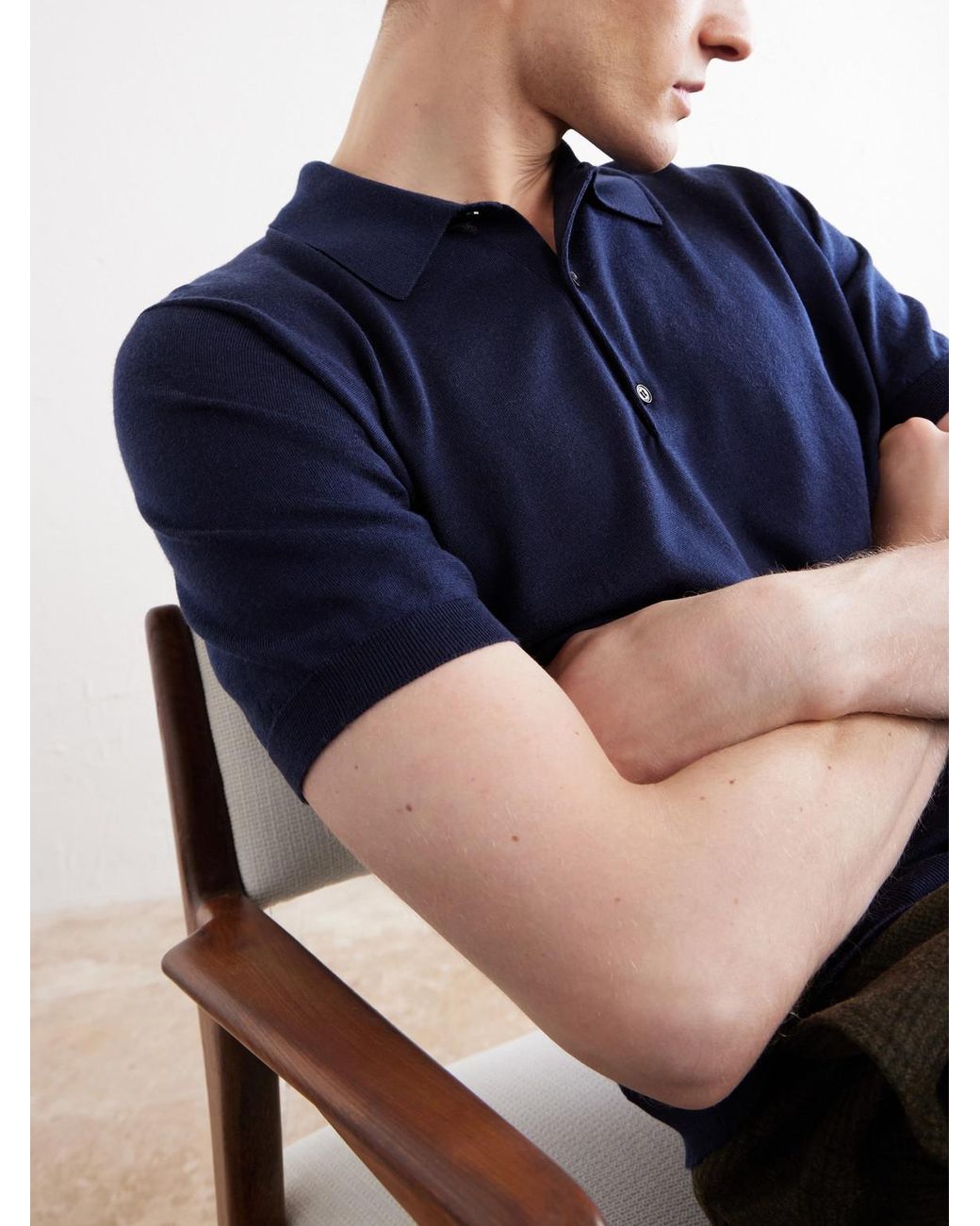 John Smedley Blue Macloud Knitted Merino Wool Polo Shirt for men