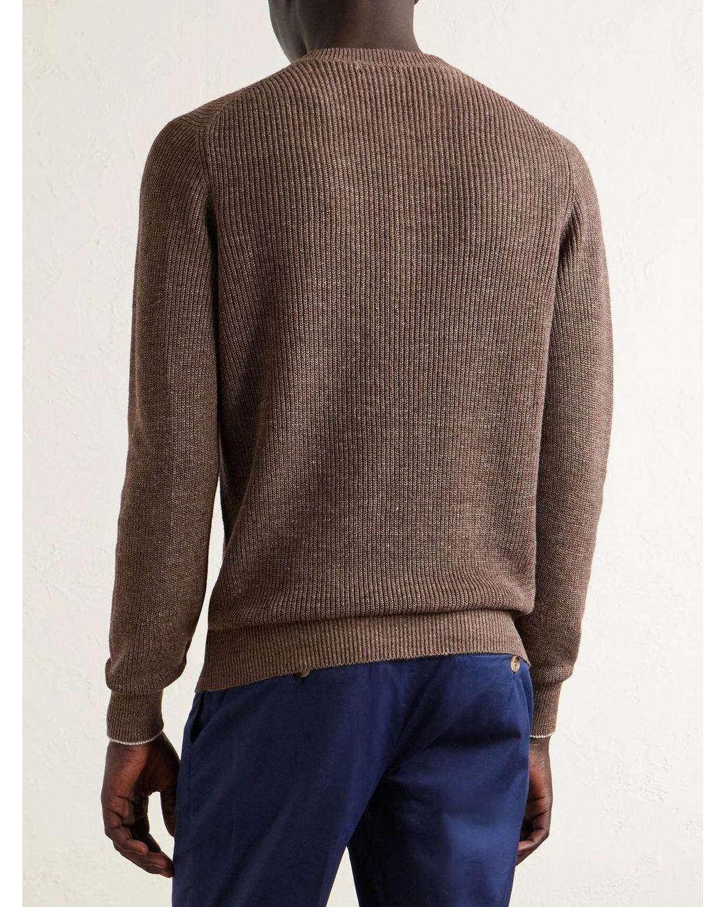 Ribbed Linen And Cotton-Blend Henley Sweater di Brunello Cucinelli in Brown da Uomo