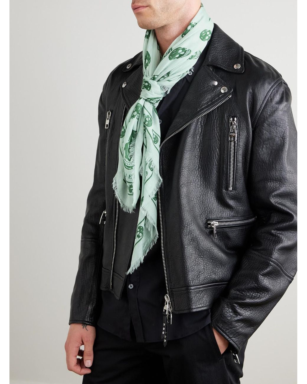 McQueen Green Fringed Printed Modal And Silk-blend Scarf for men