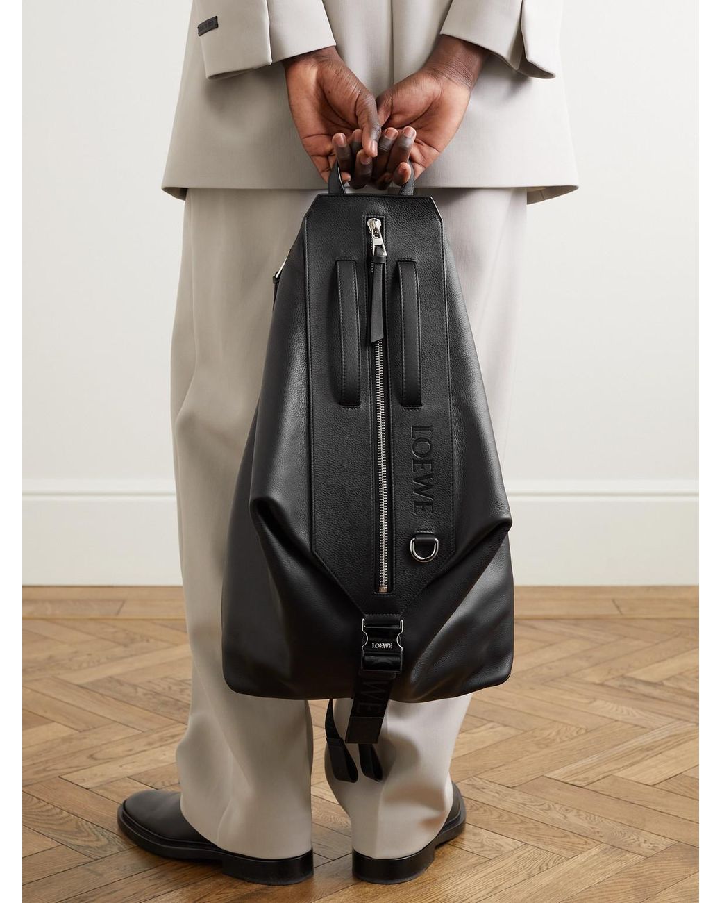 Loewe Black Convertible Logo-Debossed Mesh-Trimmed Leather Backpack for men