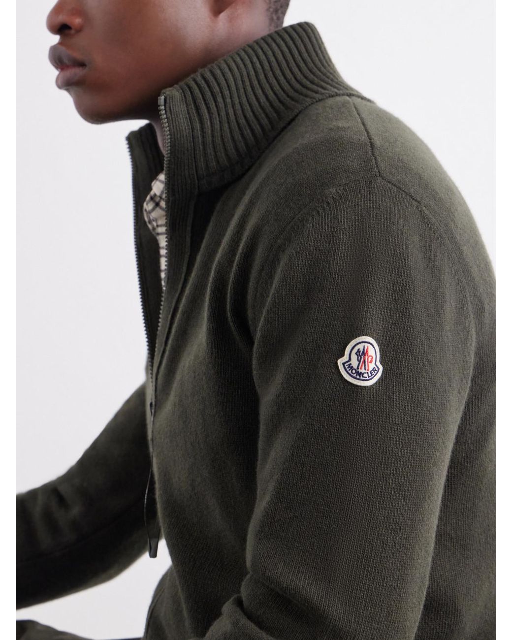 Moncler Green Logo-Appliquéd Wool And Cashmere-Blend Zip-Up Cardigan for men
